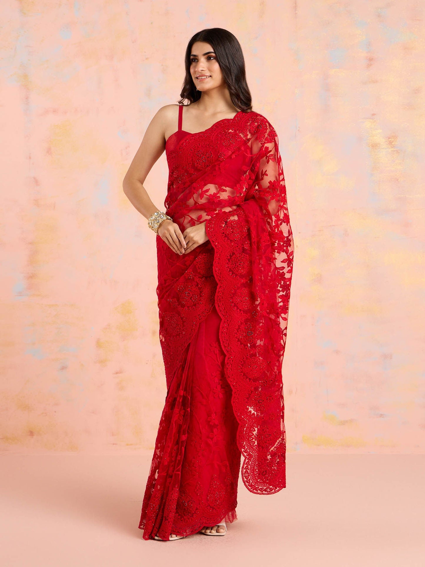 Likha Red Net Embellished and Embroidered Saree with Unstitched Blouse and Petticoat LIKPARSAR01