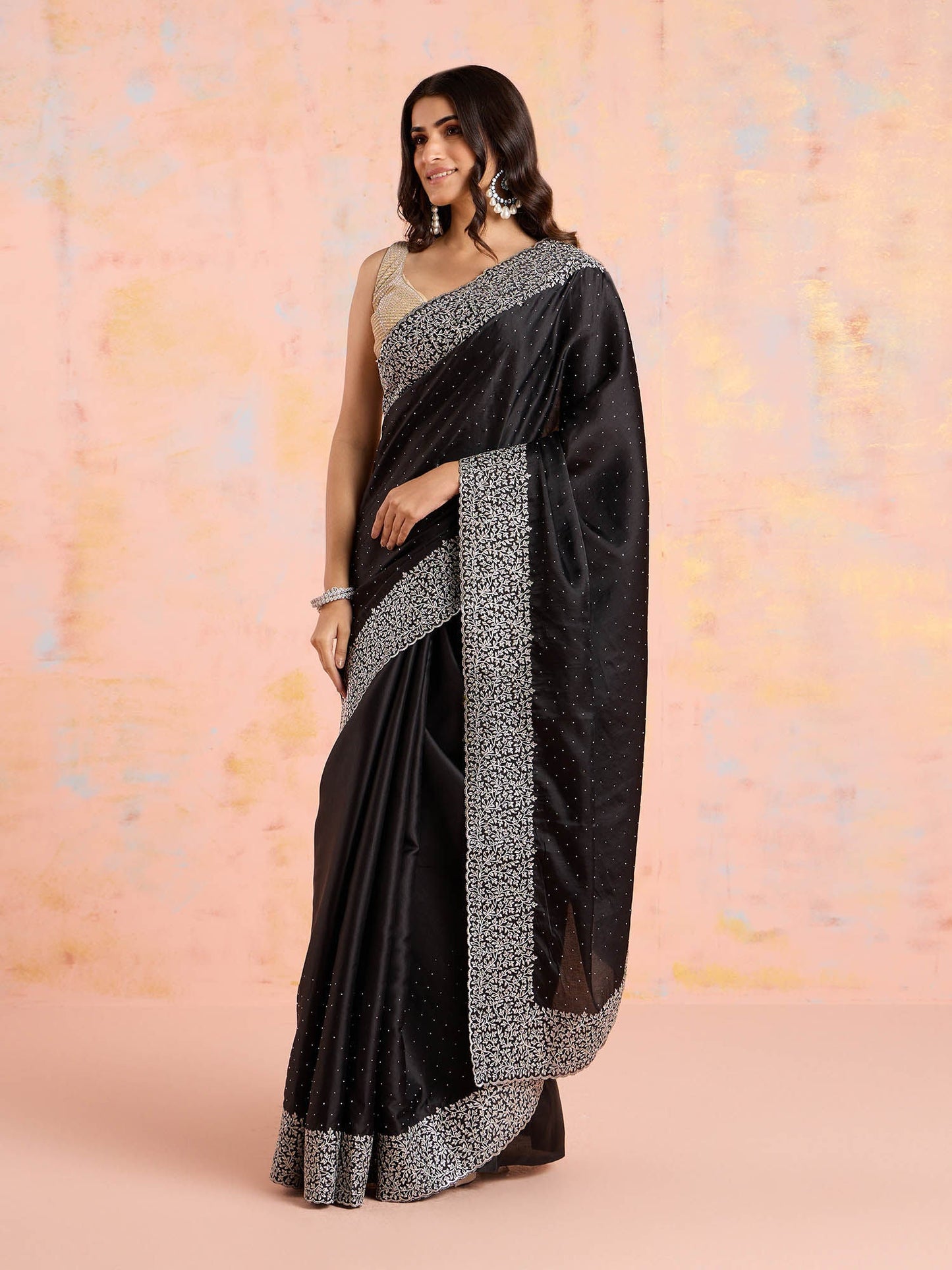 Likha Black Tusser Silk Silver Embroidered and Embellished Saree with Unstitched Blouse LIKPARSAR04