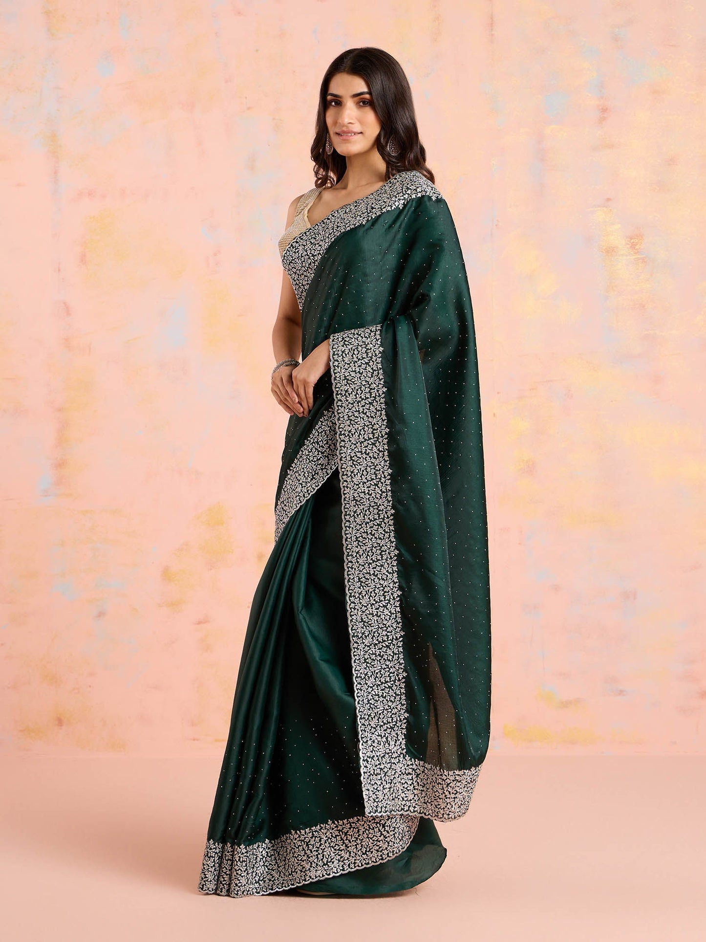 Likha Green Tusser Silk Silver Embroidered and Embellished Saree with Unstitched Blouse LIKPARSAR04