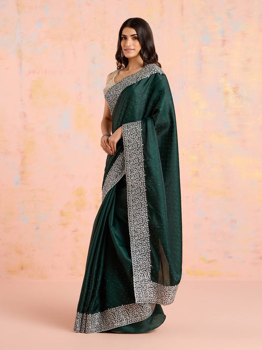 Likha Green Tusser Silk Silver Embroidered and Embellished Saree with Unstitched Blouse LIKPARSAR04