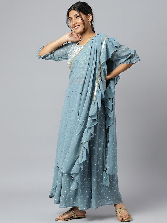 AURELIA Women Blue Floral Embroidered Kurta with Palazzos & With Dupatta