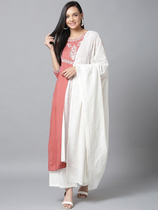 Yufta Women Pink & White Yoke Design Kurta with Palazzos & Dupatta - S