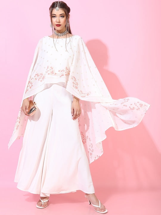Vishudh Women Off-White Floral Polyester Top with Flared Palazzo