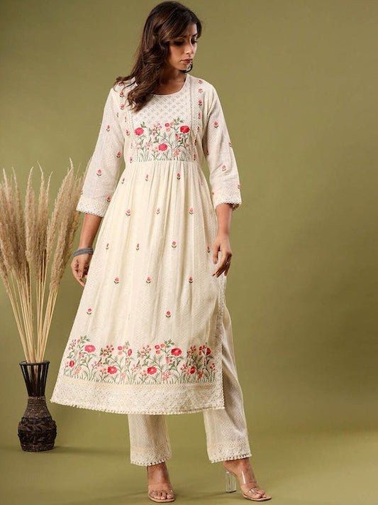 Vishudh Floral Embroidered Empire Pure Cotton Kurta with Trousers & Dupatta