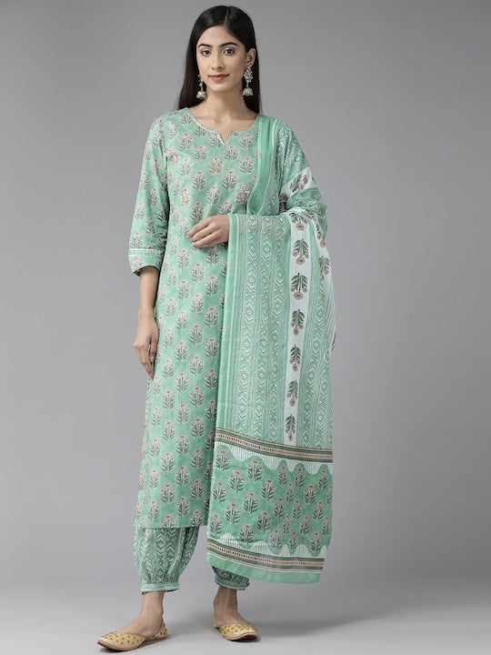 Yufta Women Floral Printed Gotta Patti Pure Cotton Kurta With Harem Pants & With Dupatta