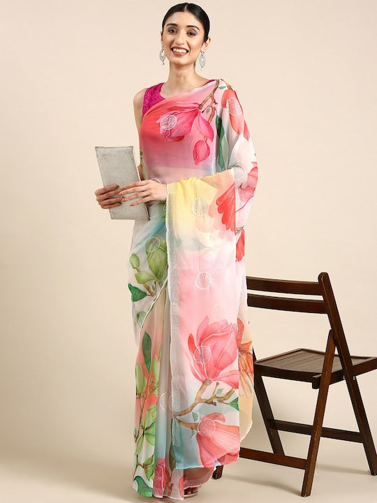 Anouk Floral Embroidered Pure Georgette Saree