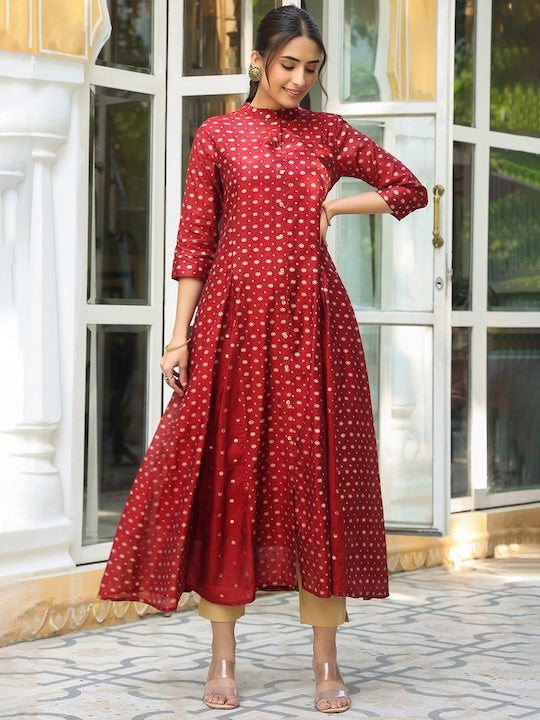 Juniper Women Maroon & Golden Foil Print Anarkali Kurta