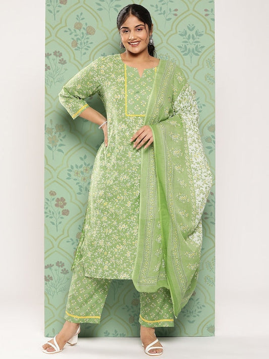 Yufta Plus Size Floral Printed Regular Pure Cotton Kurta with Trousers & Dupatta Green