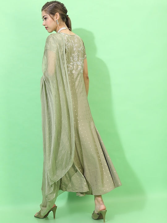 Vishudh Women Olive Green Ethnic Maxi Dress With Dupatta