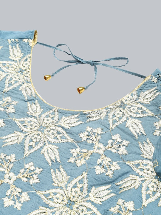 AURELIA Women Blue Floral Embroidered Kurta with Palazzos & With Dupatta