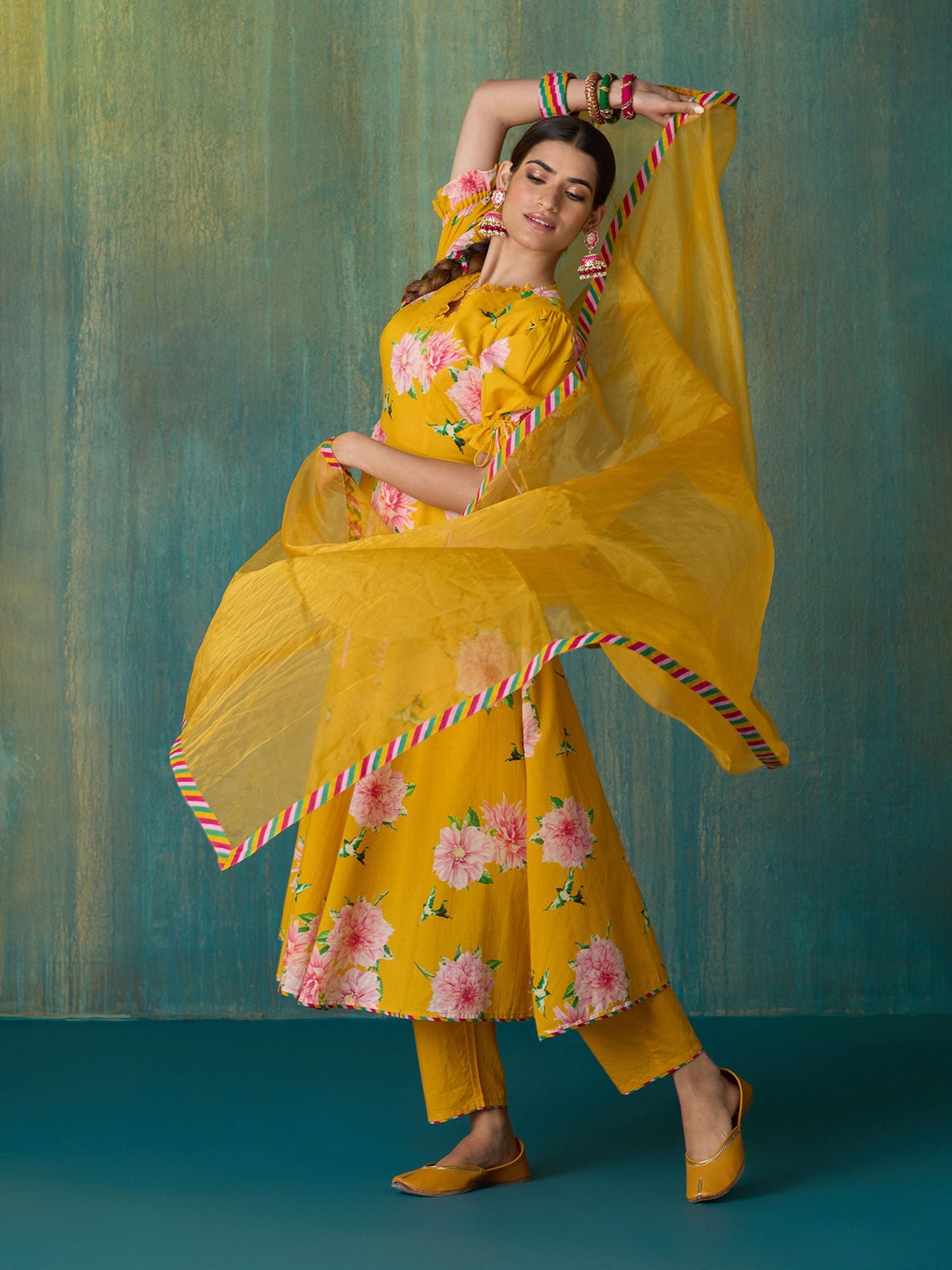 Likha Yellow Ethnic Bloom Printed Kurta Pant & Organza Dupatta LIKSKD204 (Set of 3)