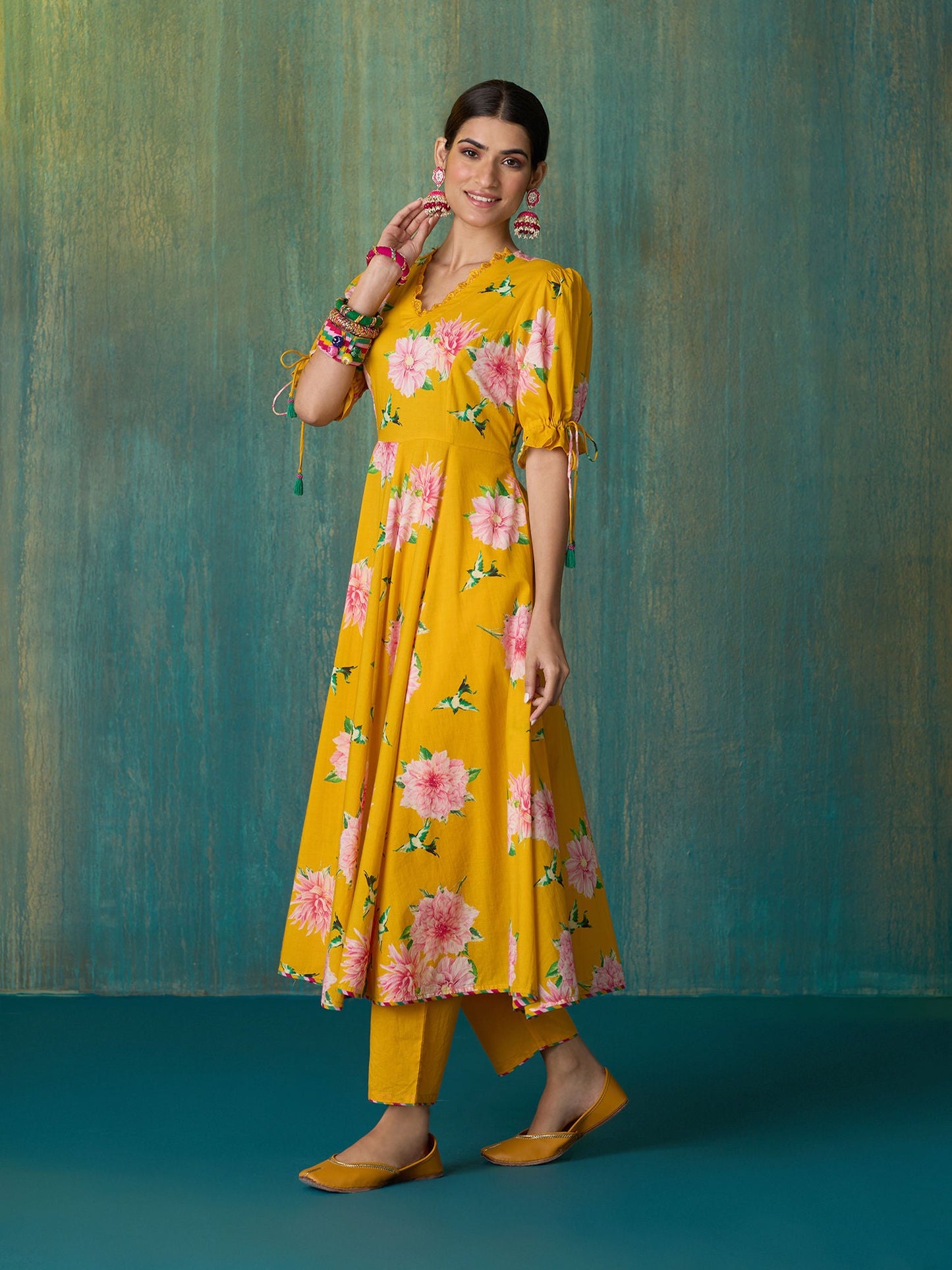 Likha Yellow Ethnic Bloom Printed Kurta Pant & Organza Dupatta LIKSKD204 (Set of 3)