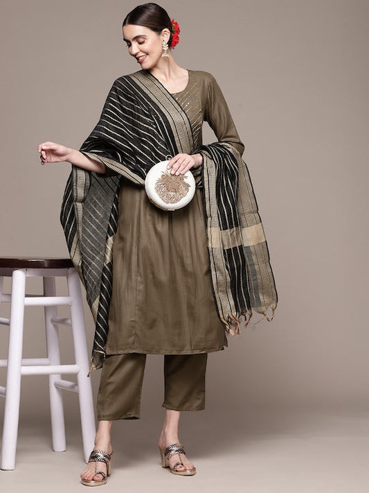 Anubhutee Women Striped Sequinned Kurta With Trousers & With Dupatta