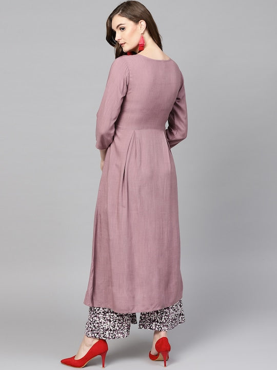 Yufta Women Mauve & Black Embroidered Kurta with Palazzos