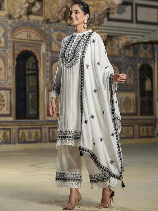Scakhi Floral Embroidered Regular Pure Cotton Kurta with Palazzos & Dupatta