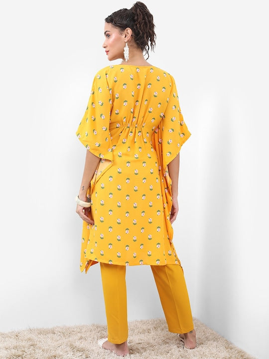 Vishudh Yellow Floral Printed Flared Sleeves Regular Kaftan With Trouser