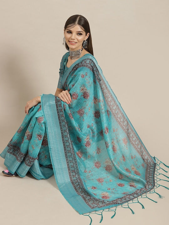 AKS Floral Zari Printed Chanderi Saree