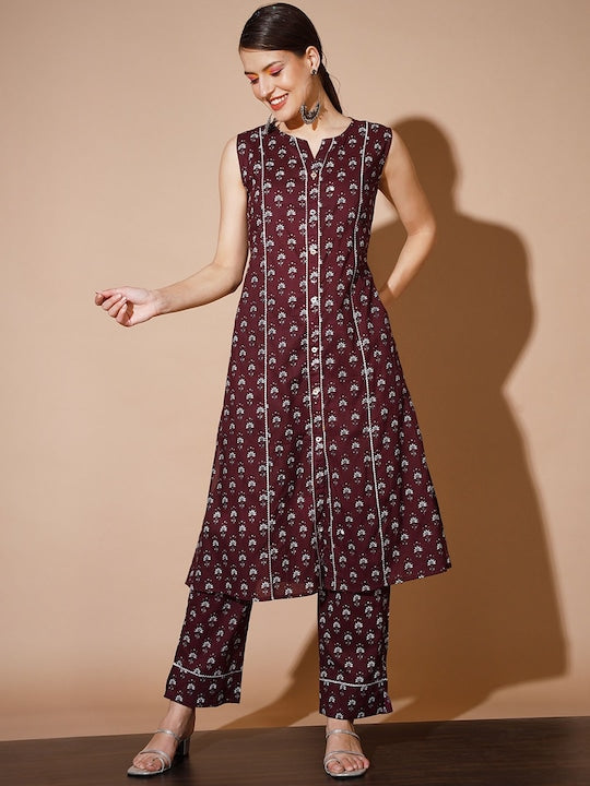 Myshka Ethnic Printed Regular Gotta Patti Pure Cotton Kurta With Trousers