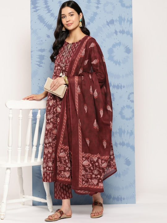Yufta Floral Printed Regular Aari Work Pure Cotton Kurta with Trousers & Dupatta