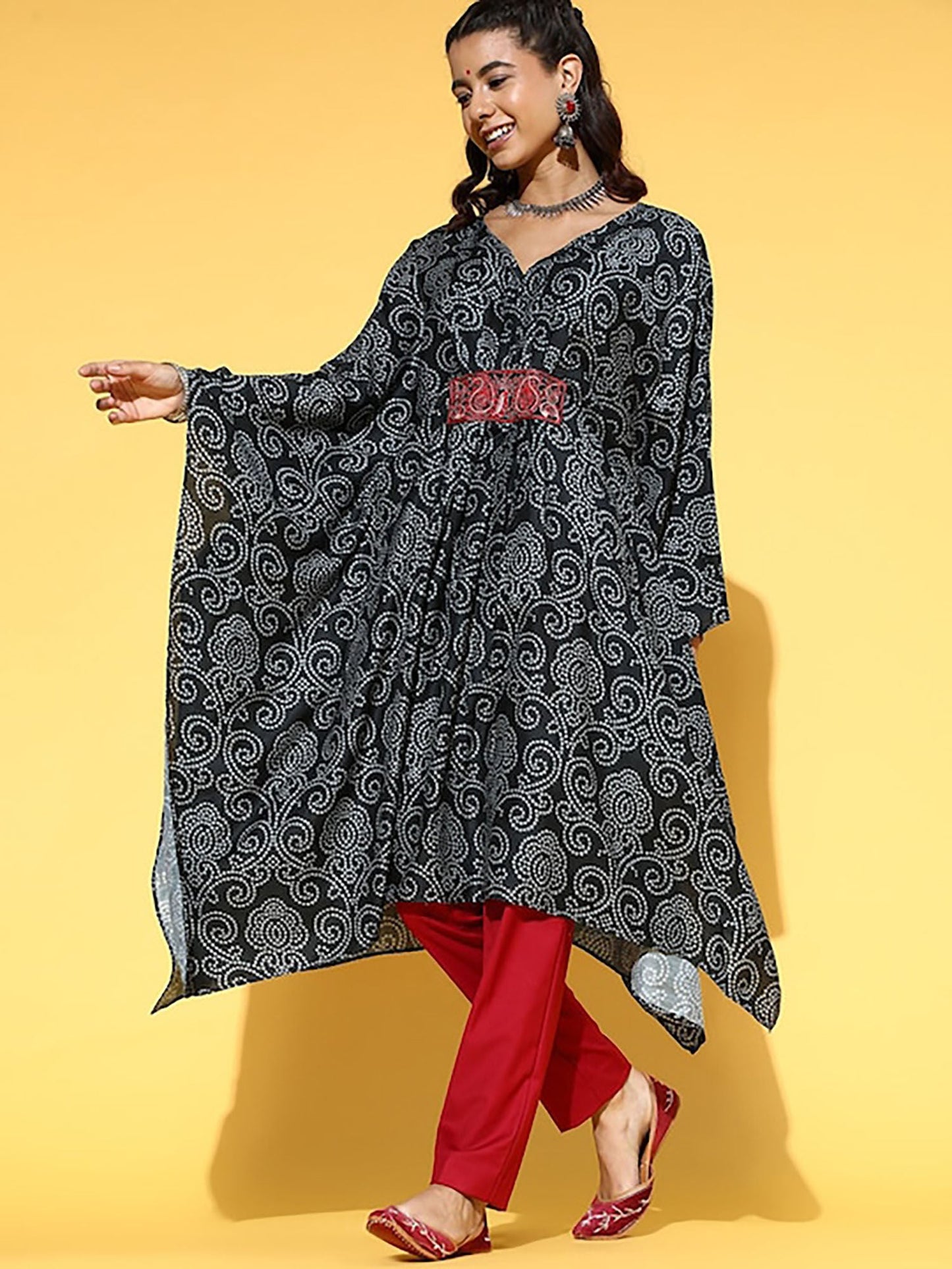 KSUT Black Bandhani Digital Printed Kaftan with V-Neckline