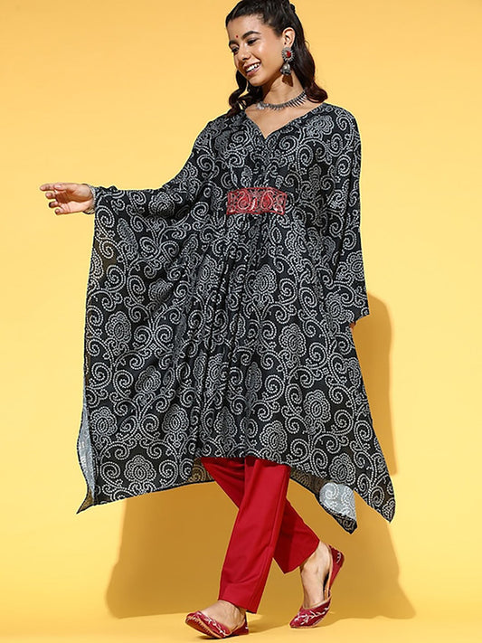 KSUT Black Bandhani Digital Printed Kaftan with V-Neckline