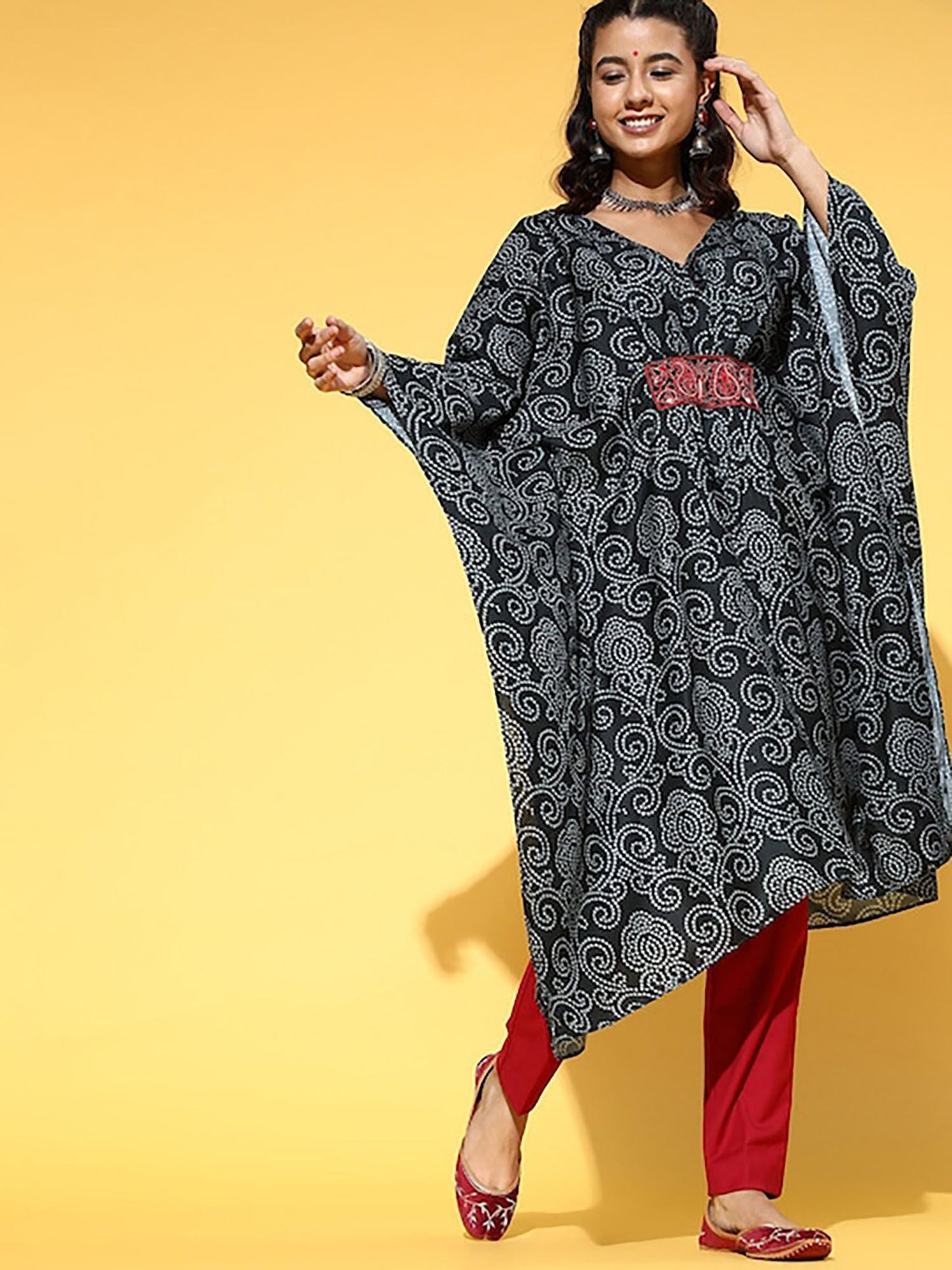 KSUT Black Bandhani Digital Printed Kaftan with V-Neckline