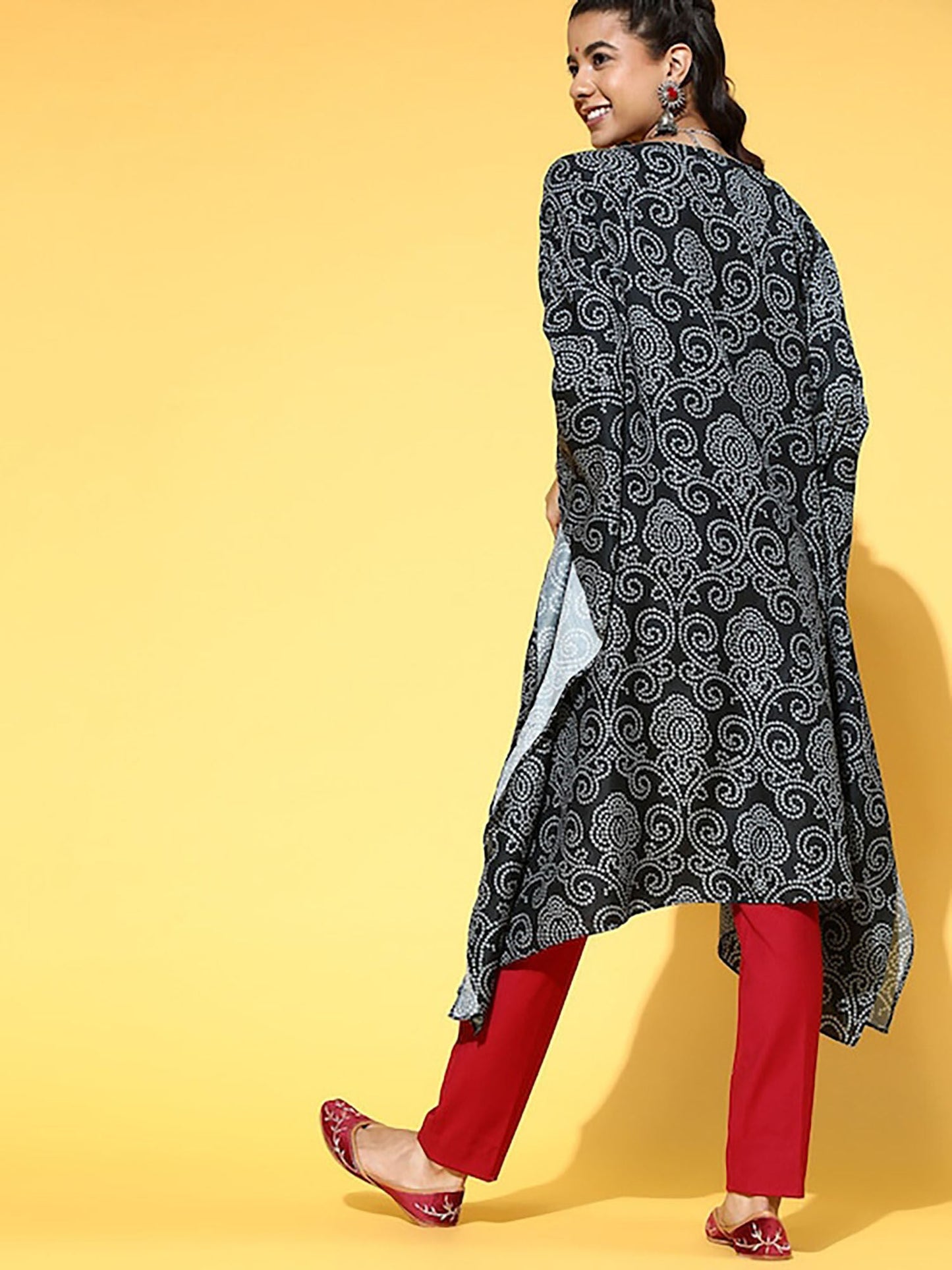 KSUT Black Bandhani Digital Printed Kaftan with V-Neckline