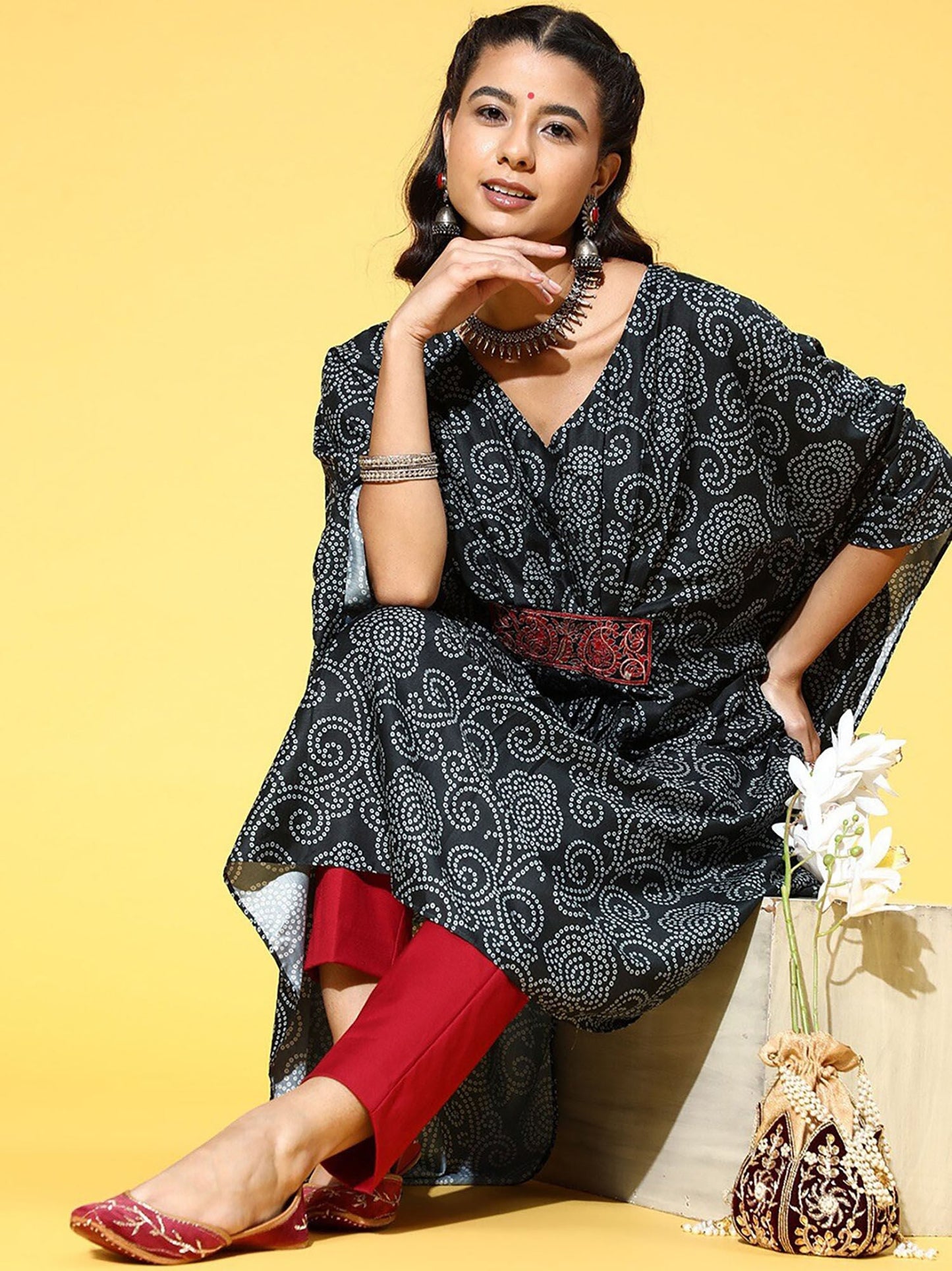 KSUT Black Bandhani Digital Printed Kaftan with V-Neckline