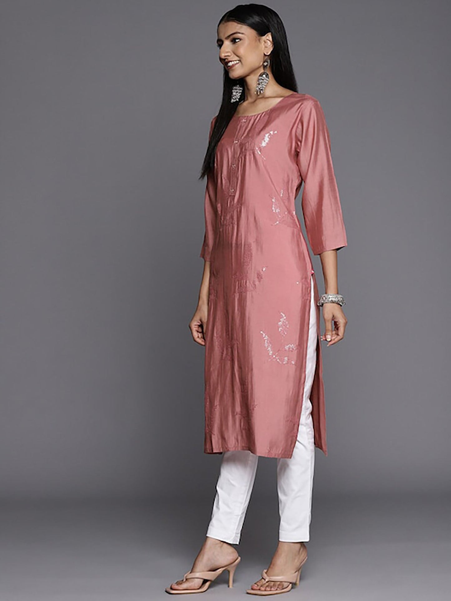 KSUT Peach Straight Sequined Kurta