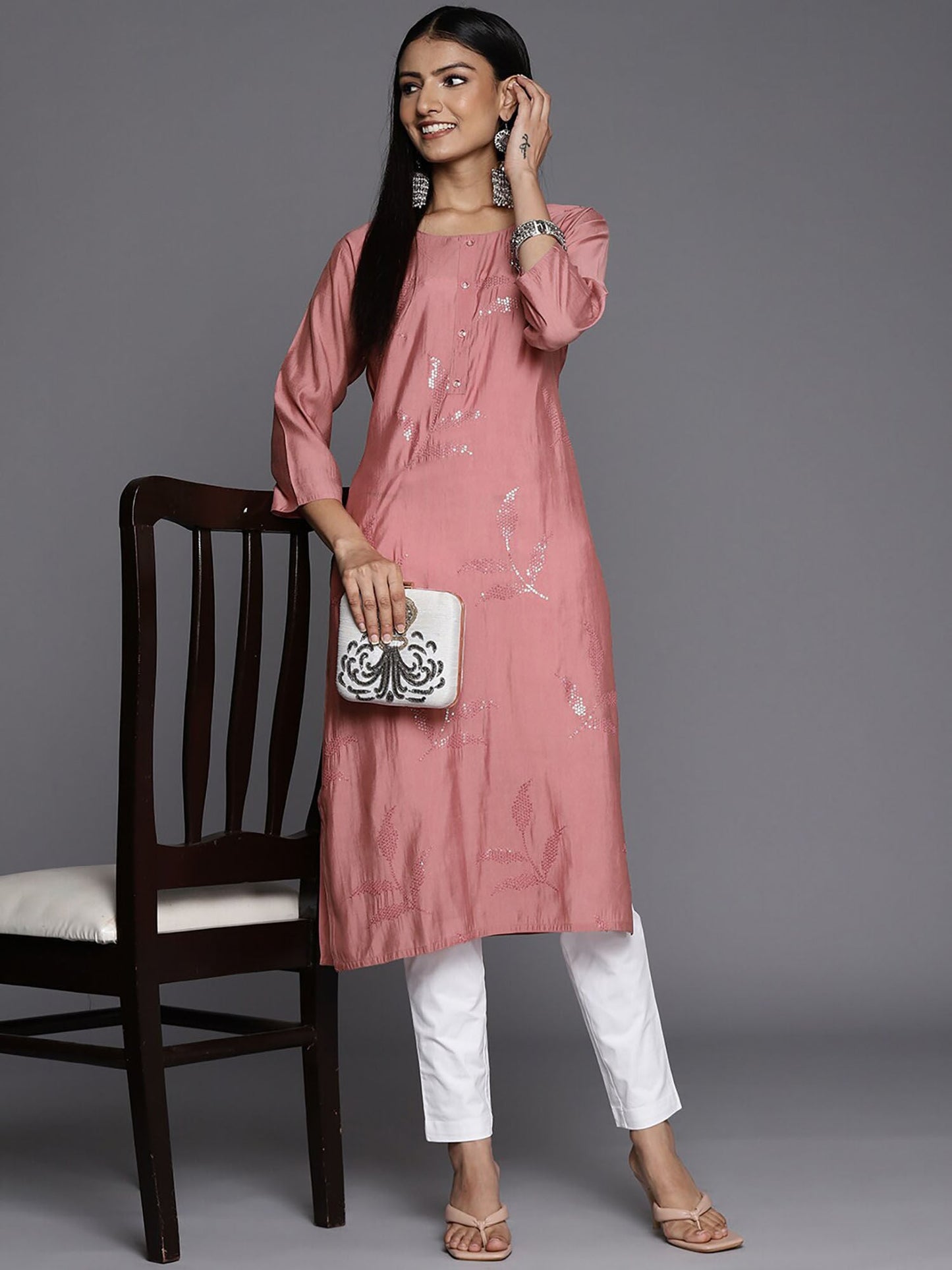 KSUT Peach Straight Sequined Kurta