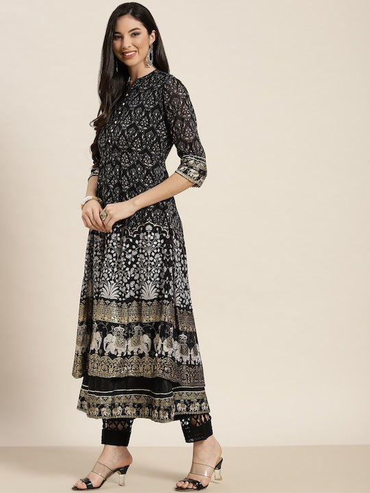 Juniper Women Black Ethnic Motifs Printed Georgette Kurta