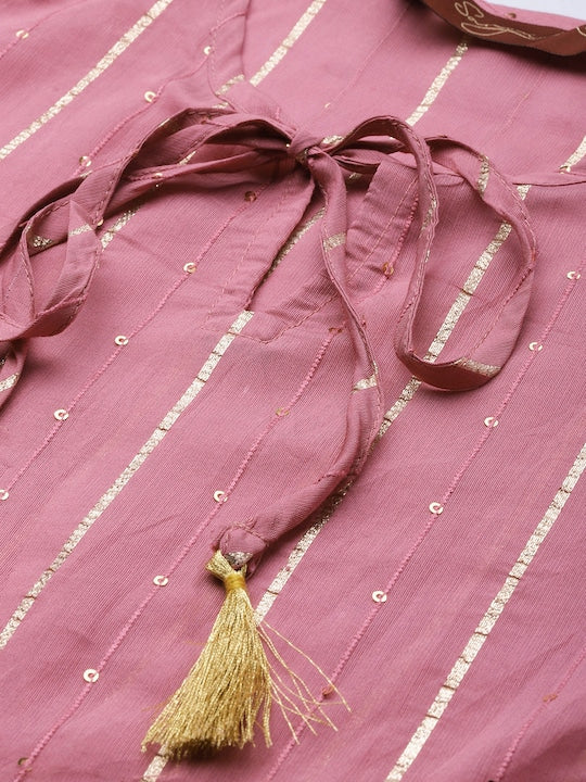 Sangria Women Tie-Up Neck Jacquard Sequinned Chanderi Silk Kurta