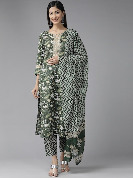 Yufta Women Floral Printed Sequinned Pure Cotton Kurta With Trousers & With Dupatta