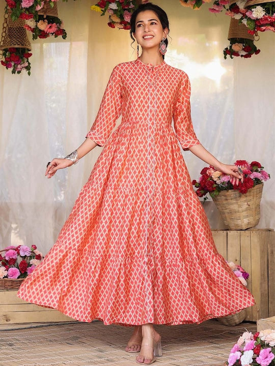 Scakhi Women Orange Printed Anarkali Kurta