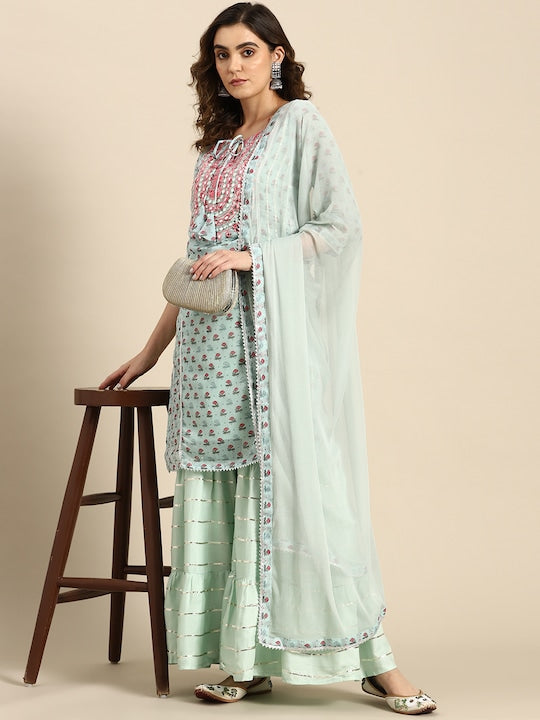 All about you Ethnic Motifs Embroidered Gotta Patti Chanderi Silk Kurta With Sharara