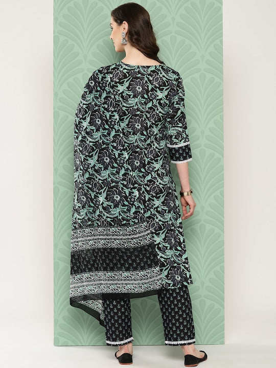 Yufta Women Floral Printed Regular Pure Cotton Kurta with Trousers & With Dupatta