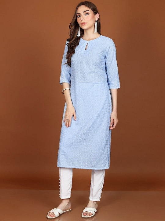 Vishudh Blue Ethnic Motifs Embroidered Keyhole Neck Thread Work Detailed Straight Kurta