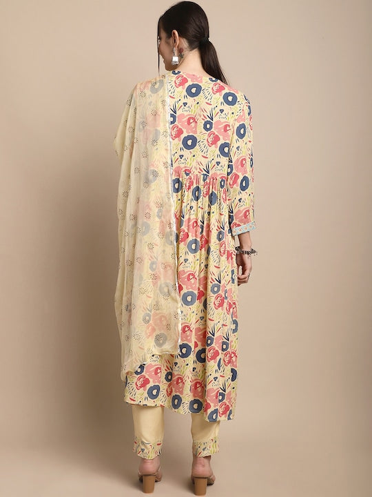 Sangria Mustard Floral Printed V-Neck Empire A-line Sequinned Kurta Set With Dupatta