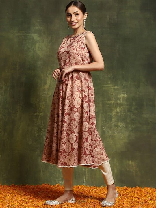 AKS Floral Printed Sequinned Anarkali Cotton Kurta