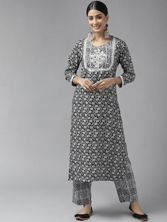 Yufta Women Black Ethnic Motifs Printed Mirror Work Kurta with Trousers