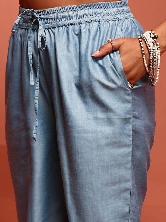 IMARA Ethnic Motifs Printed Thread Work A-Line Kurta with Trousers