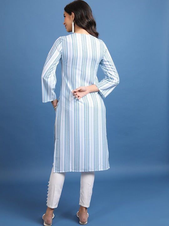 Vishudh Vertical Striped V-Neck Straight Kurta