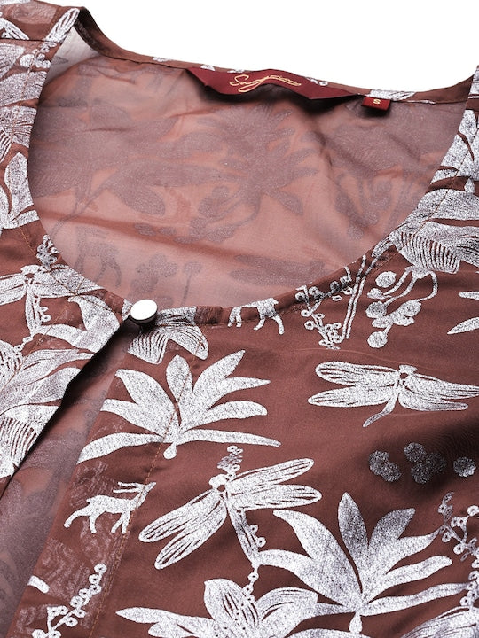 Sangria Floral Foil Printed Front Slit Layered Kurta with Trousers