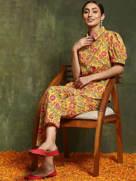 AKS Floral Printed Pure Cotton Shirt With Trousers