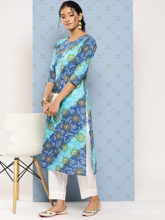 Yufta Women Blue & Blue Bandhani Printed Gotta Patti Kurta