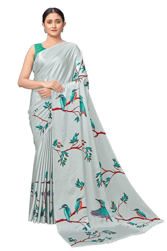 Monjolika Fashion Women's Light grey color Satin Crepe Saree