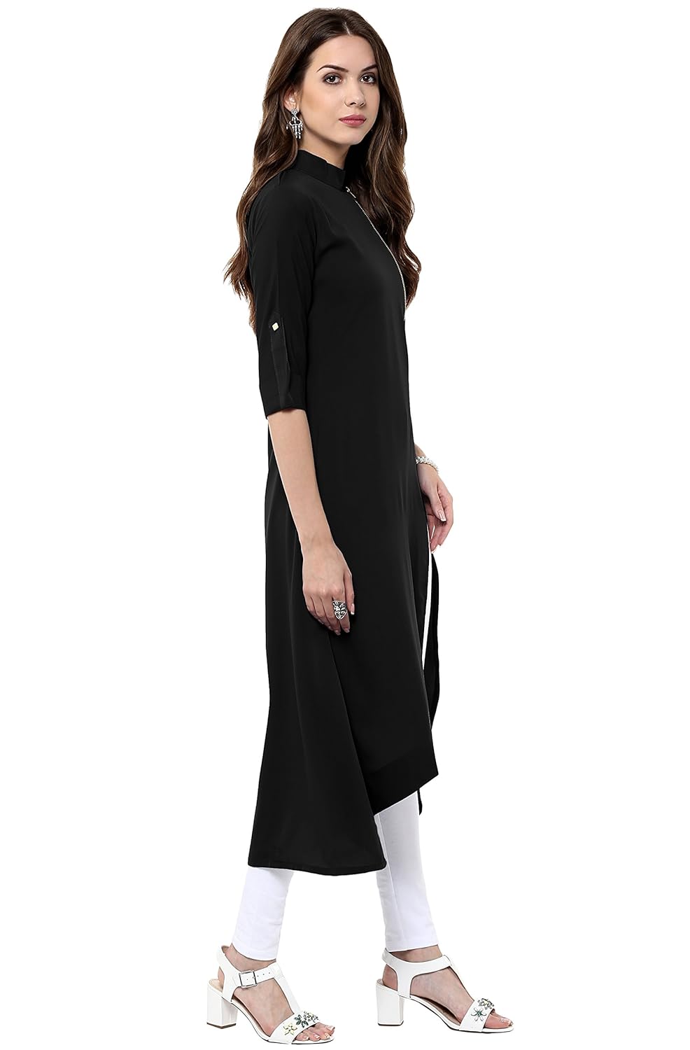 Janasya Women's Poly Crepe Solid High Low Kurta Black