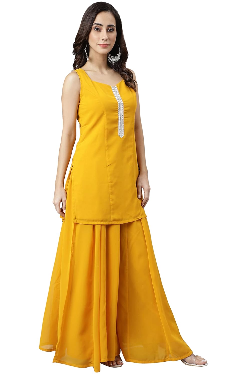 Janasya Women's Mustard Georgette Solid Kurta with Kali Palazzo and Dupatta