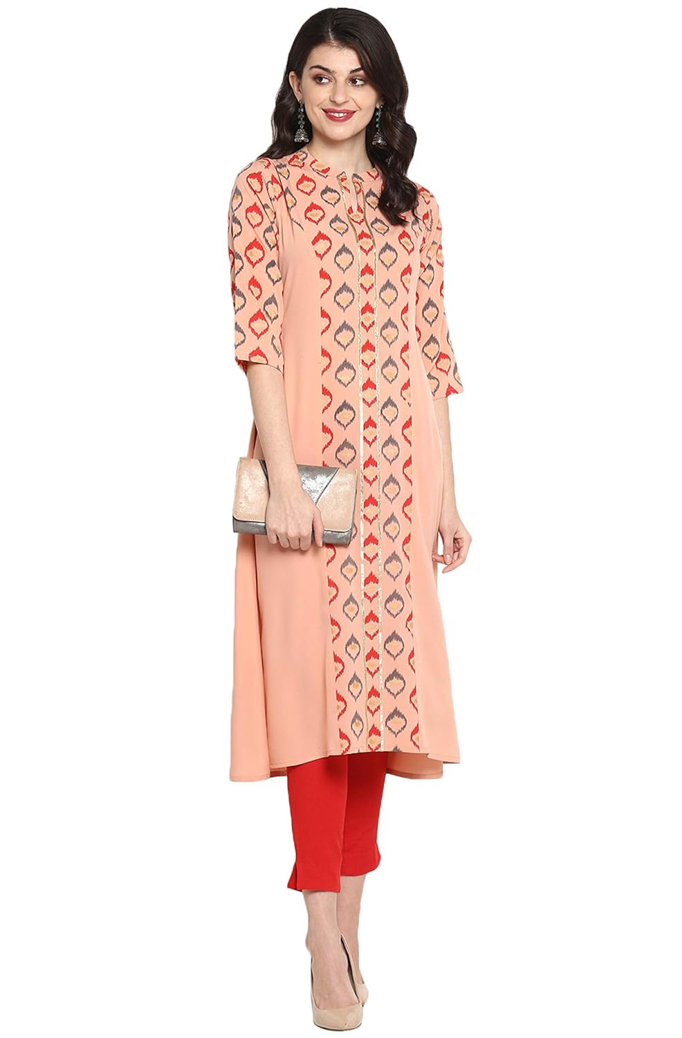 Janasya Women's Peach Poly Crepe A-line Kurta