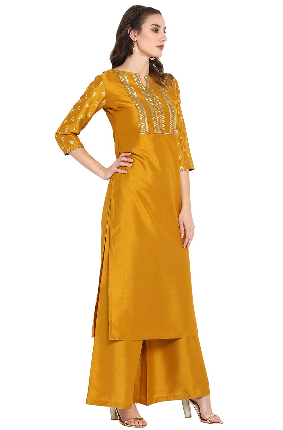 Janasya Women's Mustard Poly Silk Floral Print Kurta with Palazzo